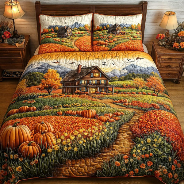Golden Retreat quilted 3-piece bedding set on a made bed with two matching pillow shams