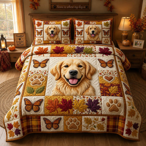 Golden Retriever Autumn quilted 3-piece bedding set on a made bed with two matching pillow shams