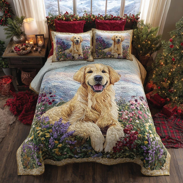 Golden Retriever Bloom quilted 3-piece bedding set on a made bed with two matching pillow shams