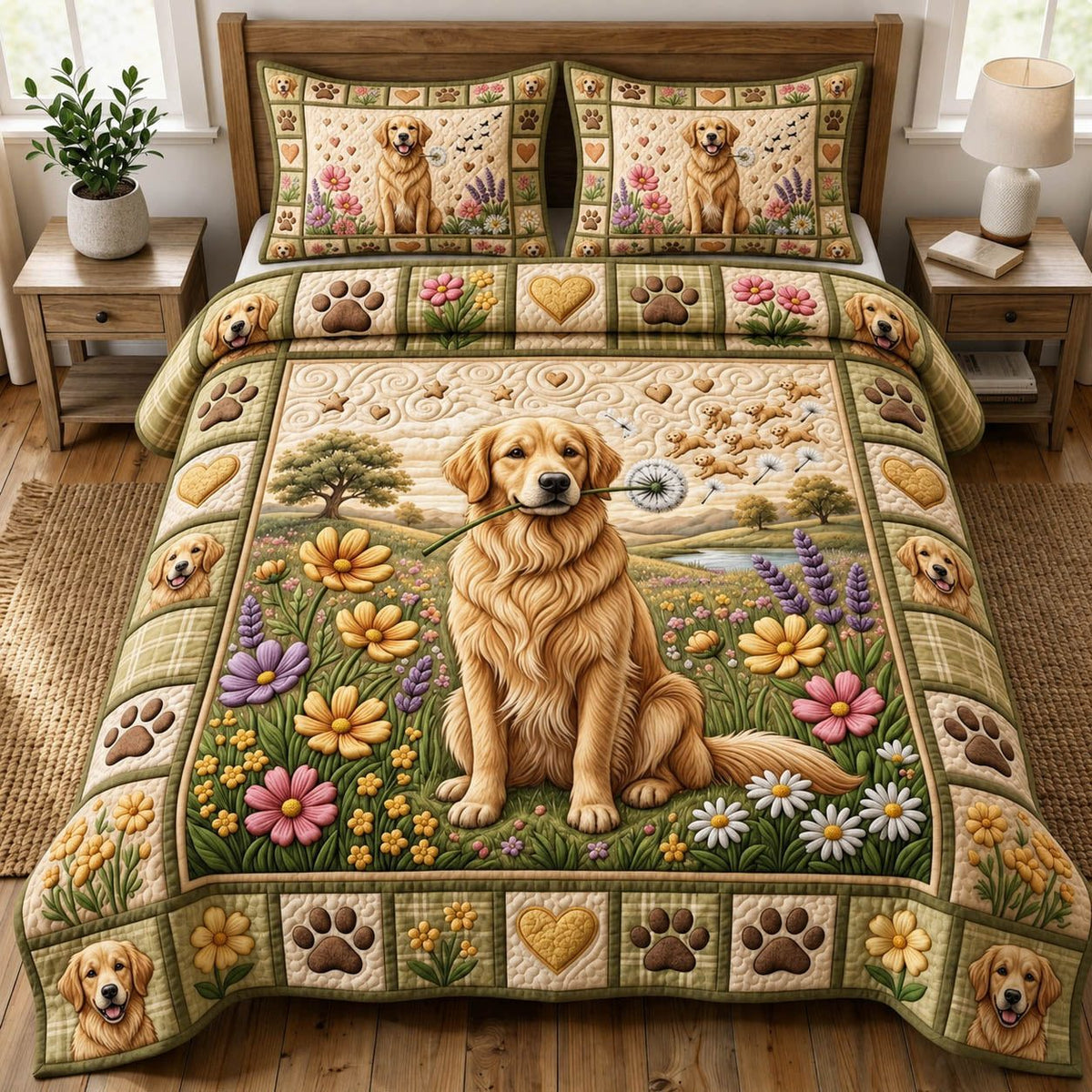 Golden Retriever by the Lavender quilted 3-piece bedding set on a made bed with two matching pillow shams