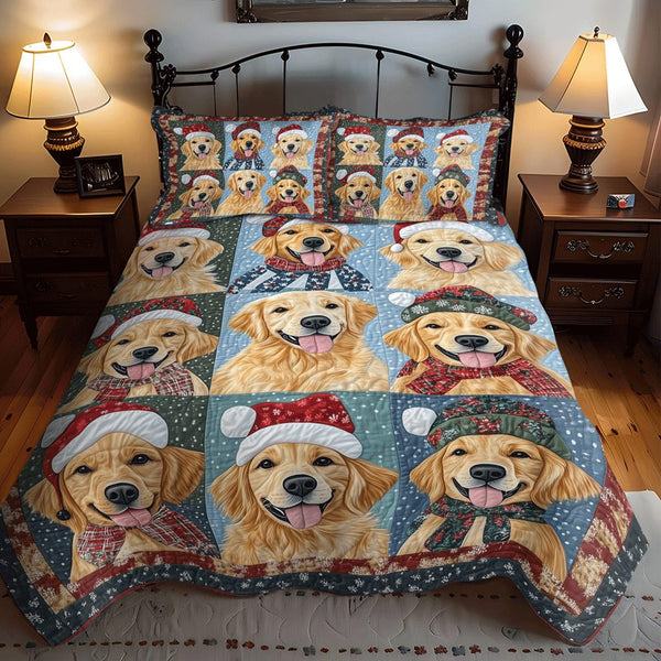 Golden Retriever Cheer quilted 3-piece bedding set on a made bed with two matching pillow shams