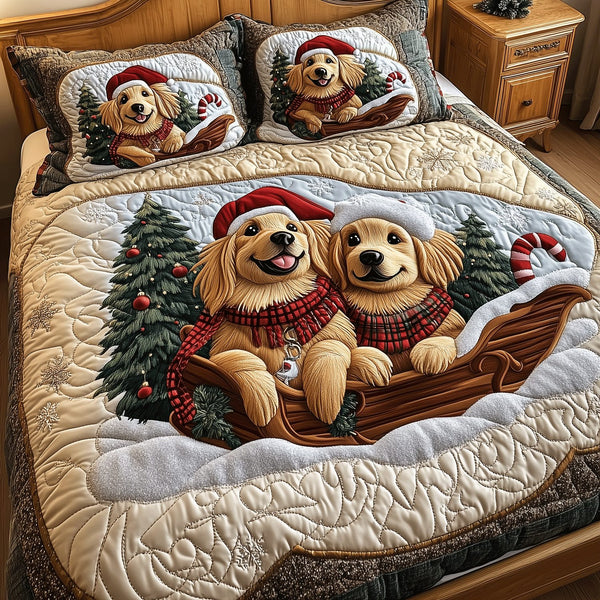 Golden Retriever Cheer quilted 3-piece bedding set on a made bed with two matching pillow shams
