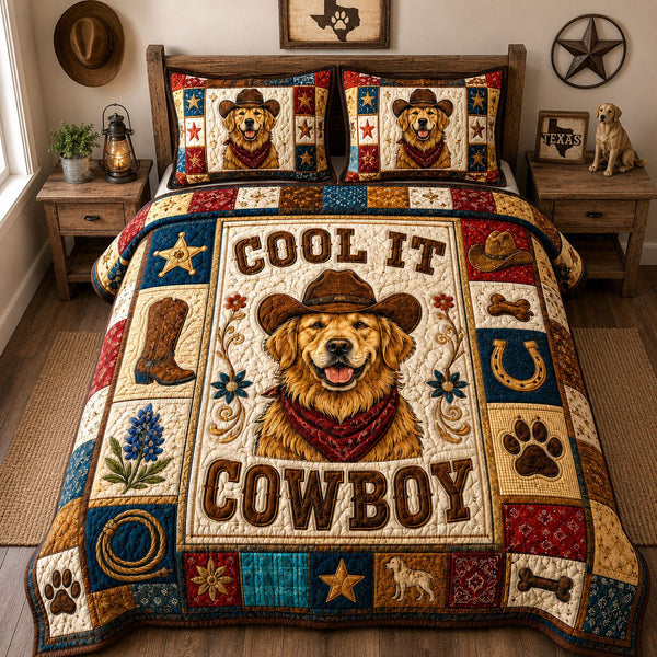 Golden Retriever Cool It Cowboy quilted 3-piece bedding set on a made bed in a rustic timber bedroom
