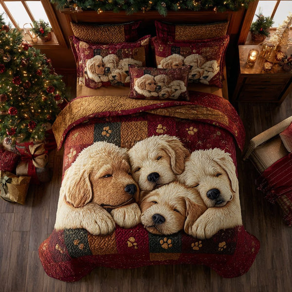 Golden Retriever Dreamer quilted 3-piece bedding set on a made bed with two matching pillow shams