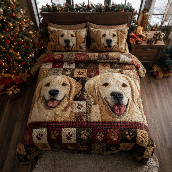 Golden Retriever Duo quilted 3-piece bedding set on a made bed with two matching pillow shams