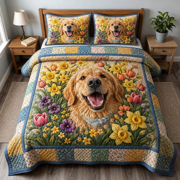Golden Retriever Flower quilted 3-piece bedding set on a made bed with two matching pillow shams