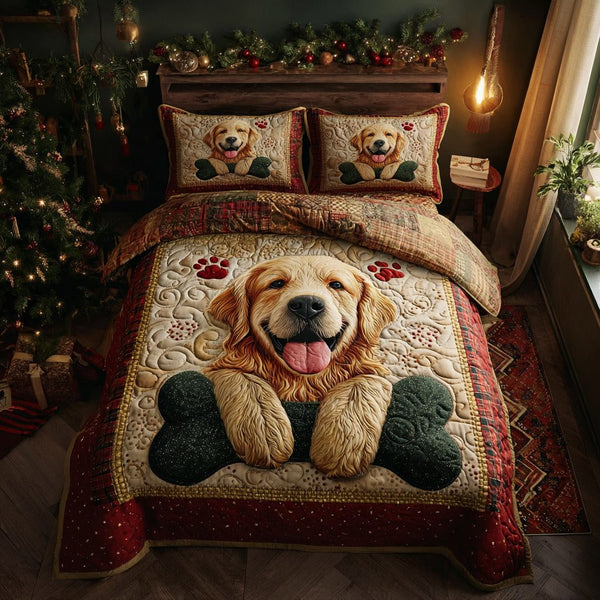 Golden Retriever Glee quilted 3-piece bedding set on a made bed with two matching pillow shams