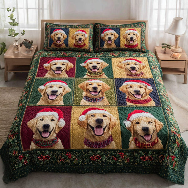 Golden Retriever Grid quilted 3-piece bedding set on a made bed with two matching pillow shams
