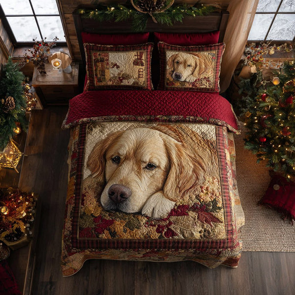 Golden Retriever Haven quilted 3-piece bedding set on a made bed with two matching pillow shams