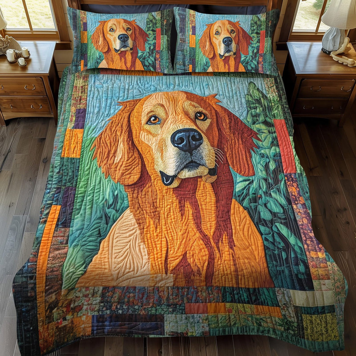 Golden Retriever in the Garden quilted 3-piece bedding set on a made bed with two matching pillow shams