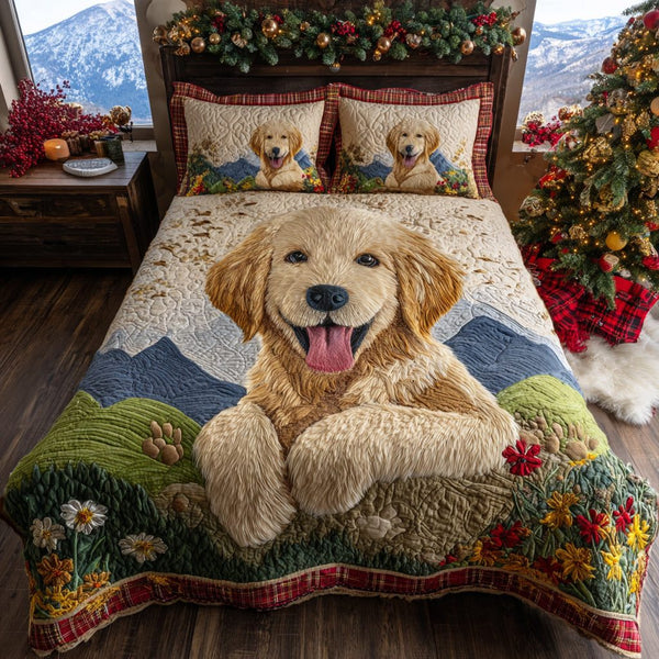 Golden Retriever Joy quilted 3-piece bedding set on a made bed with two matching pillow shams