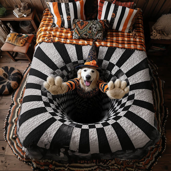 Golden Retriever Magic quilted 3-piece bedding set on a made bed with two matching pillow shams