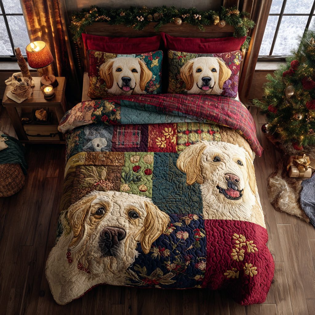 Golden Retriever Peak quilted 3-piece bedding set on a made bed with two matching pillow shams