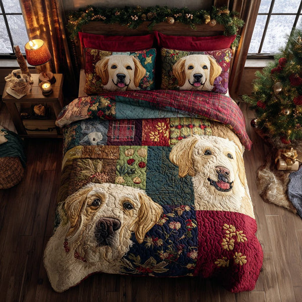 Golden Retriever Peak quilted 3-piece bedding set on a made bed with two matching pillow shams