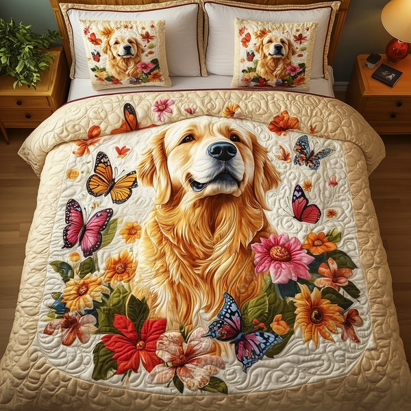 Golden Retriever quilted 3-piece bedding set on a made bed with two matching pillow shams