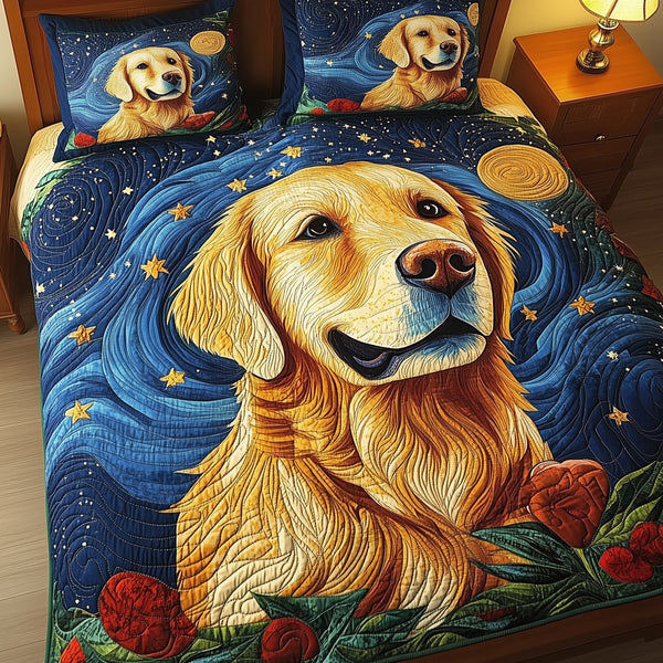 Golden Retriever quilted 3-piece bedding set on a made bed with two matching pillow shams