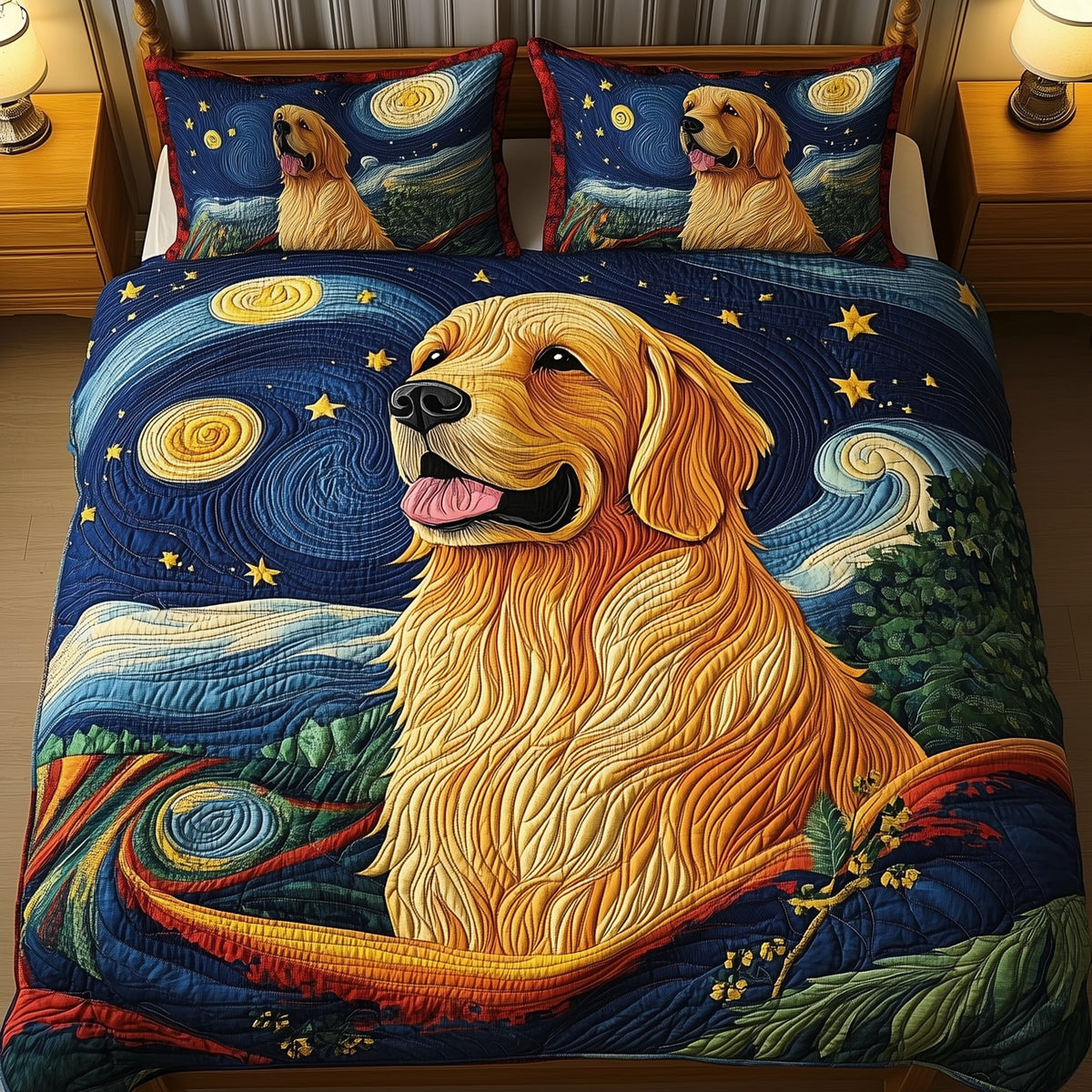 Golden Retriever quilted 3-piece bedding set on a made bed with two matching pillow shams