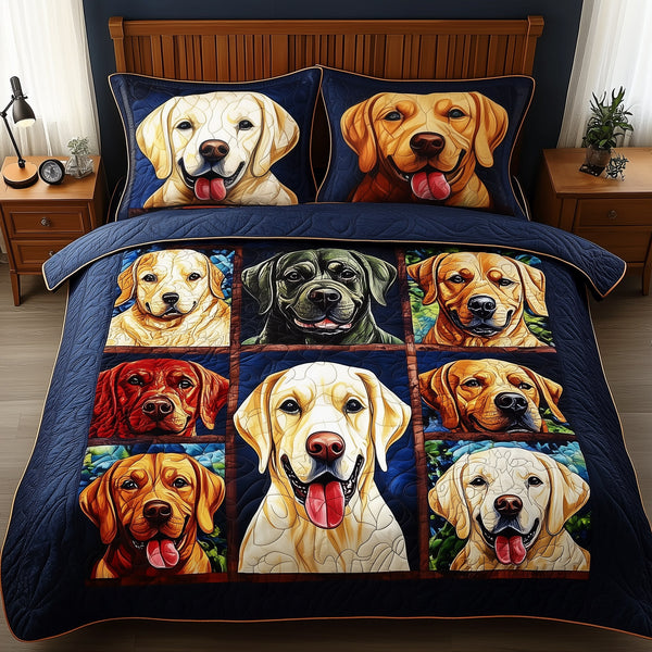 Golden Retriever quilted 3-piece bedding set on a made bed with two matching pillow shams