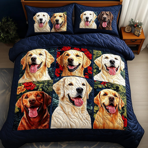 Golden Retriever quilted 3-piece bedding set on a made bed with two matching pillow shams