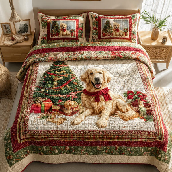 Golden Retriever quilted 3-piece bedding set on a made bed with two matching pillow shams