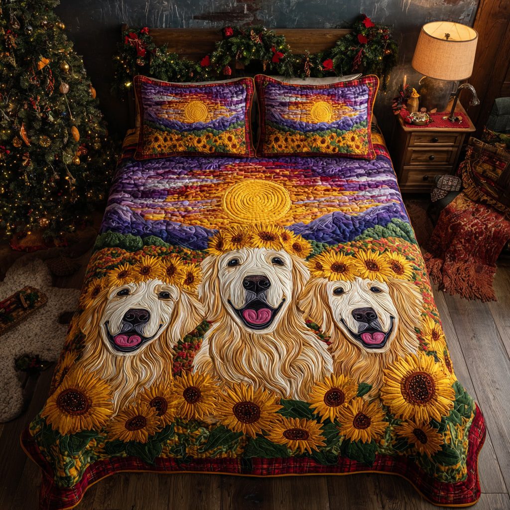 Golden Retriever Solstice quilted 3-piece bedding set on a made bed with two matching pillow shams