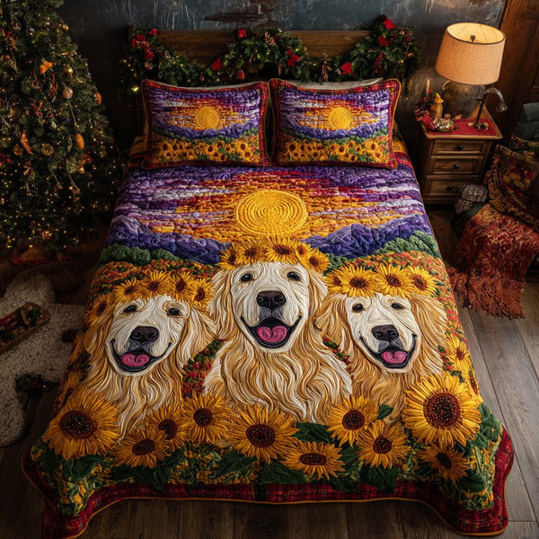 Golden Retriever Solstice quilted 3-piece bedding set on a made bed with two matching pillow shams