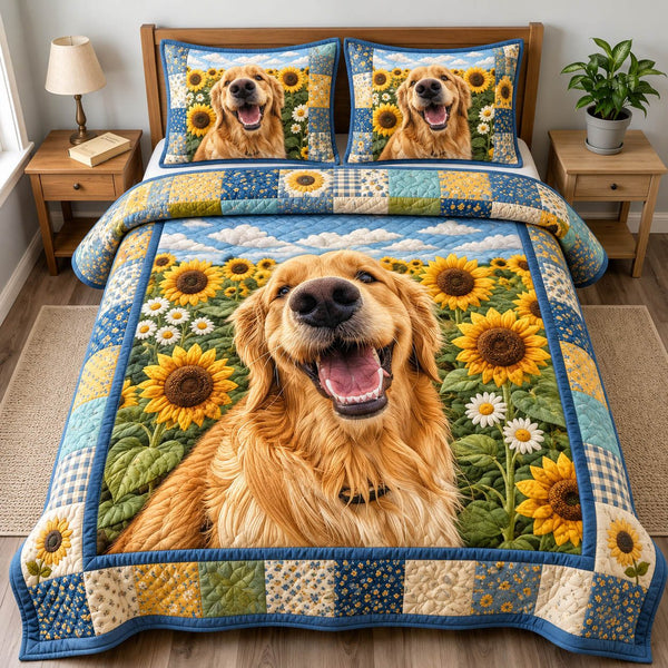 Golden Retriever Sunflower quilted 3-piece bedding set on a made bed with two matching pillow shams