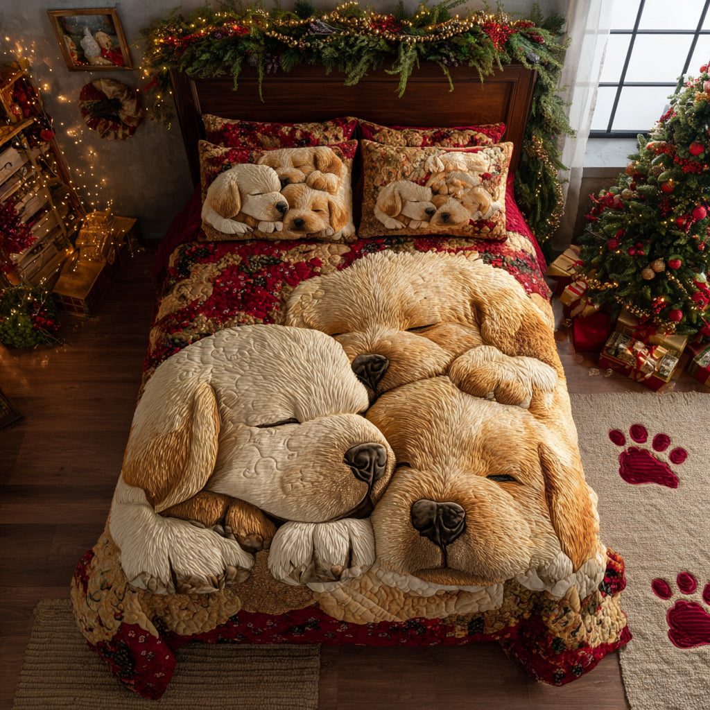 Golden Retriever Trio quilted 3-piece bedding set on a made bed with two matching pillow shams