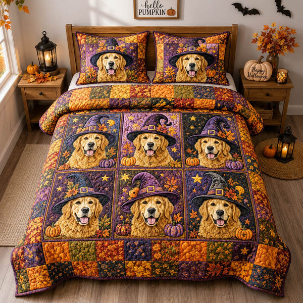 Golden Retriever Witch quilted 3-piece bedding set on a made bed against a dark styled interior
