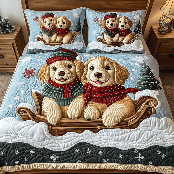 Golden Retriever Xmas quilted 3-piece bedding set on a made bed in a winter-styled bedroom