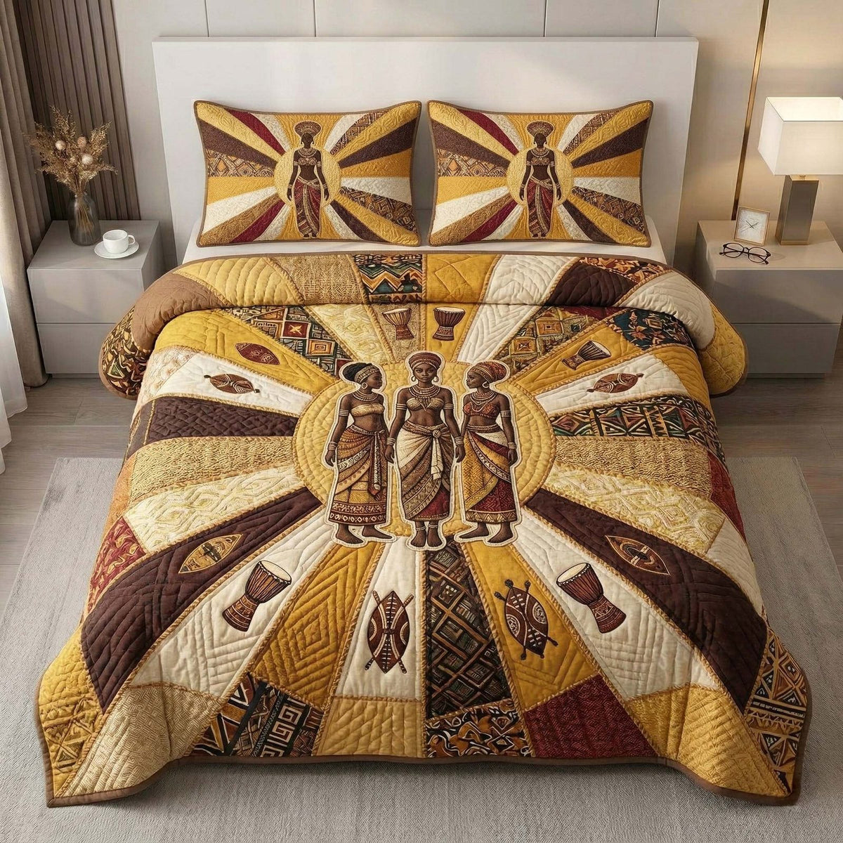 Golden Rhythm quilted 3-piece bedding set on a made bed with two matching pillow shams