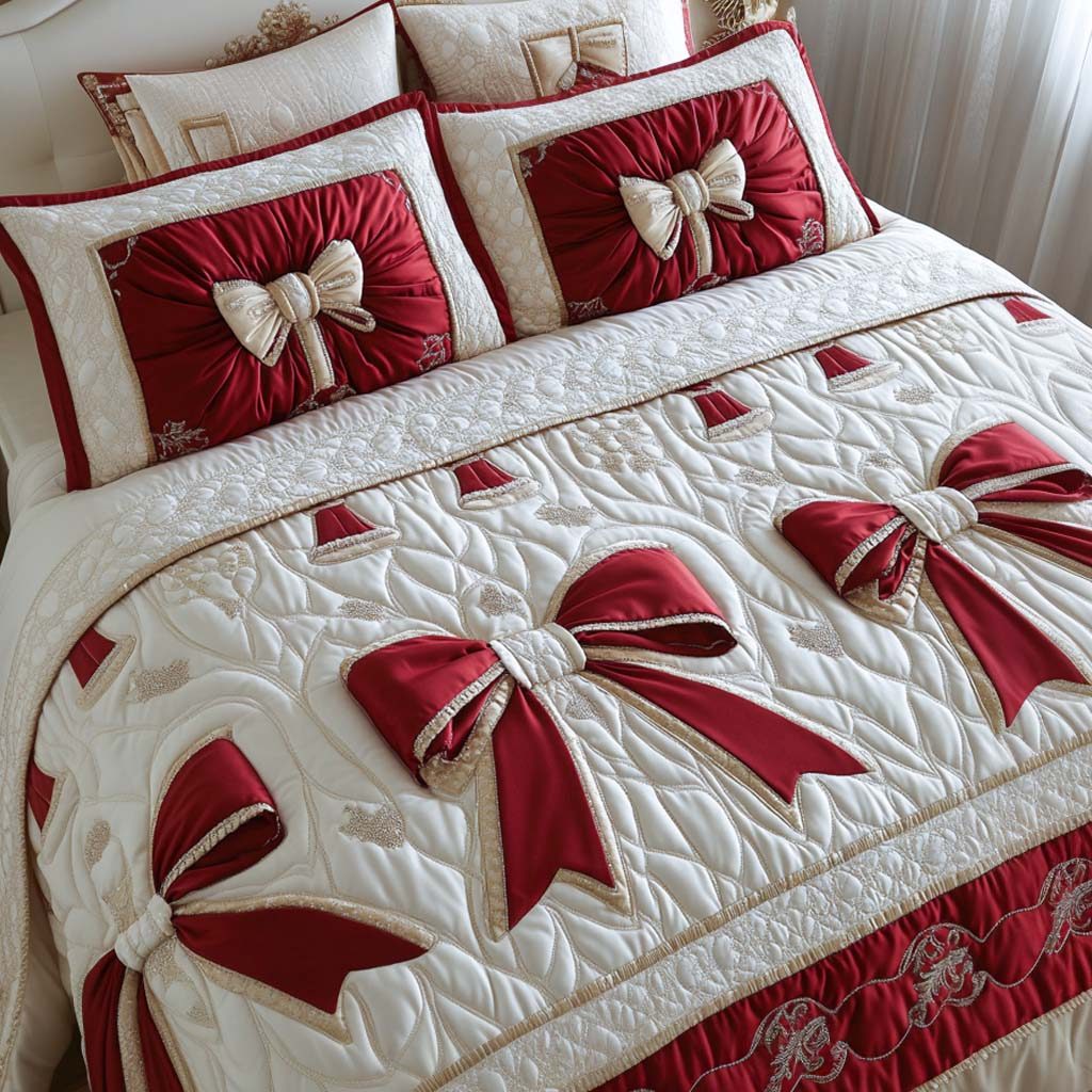 Golden Ribbon Charm quilted 3-piece bedding set on a made bed with two matching pillow shams