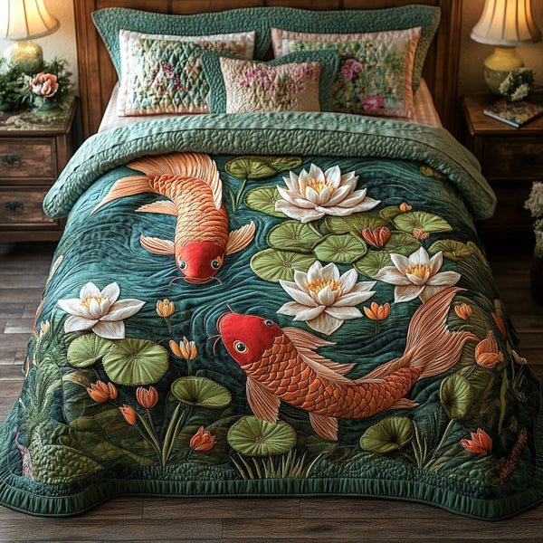 Golden Ripple quilted 3-piece bedding set on a made bed with two matching pillow shams