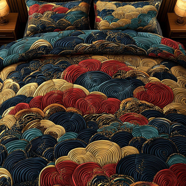 Golden Ripples quilted 3-piece bedding set on a made bed with two matching pillow shams