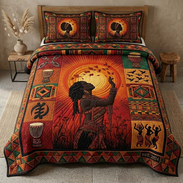 Golden Ritual quilted 3-piece bedding set on a made bed with two matching pillow shams