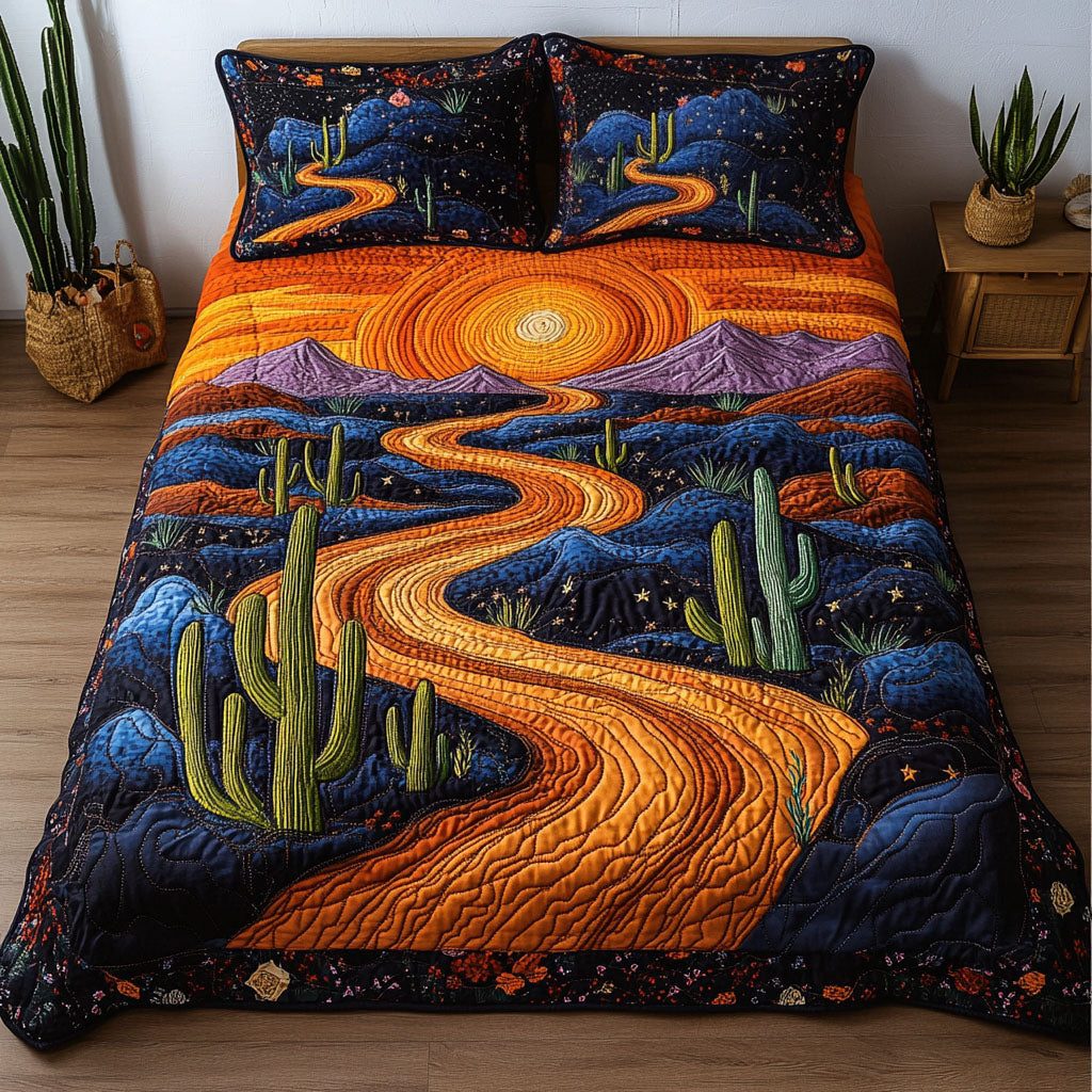 Golden River quilted 3-piece bedding set on a made bed with two matching pillow shams