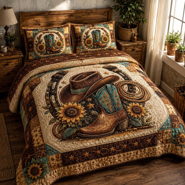 Golden Rodeo quilted 3-piece bedding set on a made bed in a rustic timber bedroom