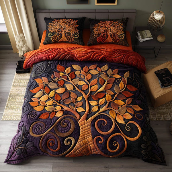 Golden Root Tree quilted 3-piece bedding set on a made bed with two matching pillow shams