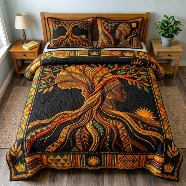 Golden Roots Heritage quilted 3-piece bedding set on a made bed in a farmhouse bedroom