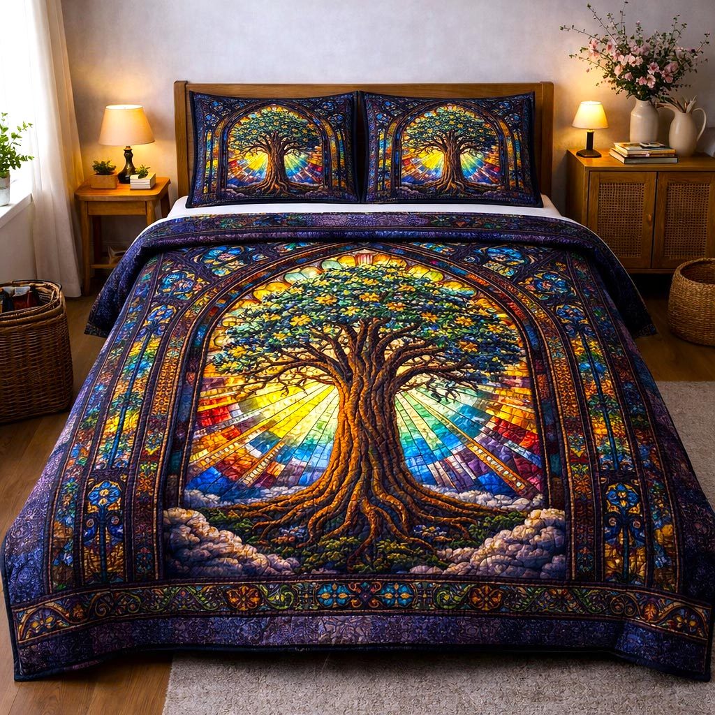 Golden Roots quilted 3-piece bedding set on a made bed with two matching pillow shams