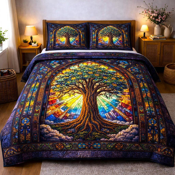 Golden Roots quilted 3-piece bedding set on a made bed with two matching pillow shams