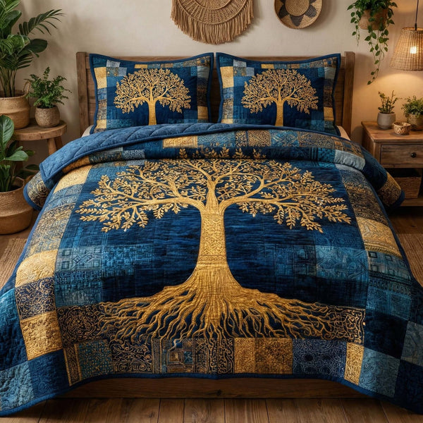 Golden Roots quilted 3-piece bedding set on a made bed with two matching pillow shams