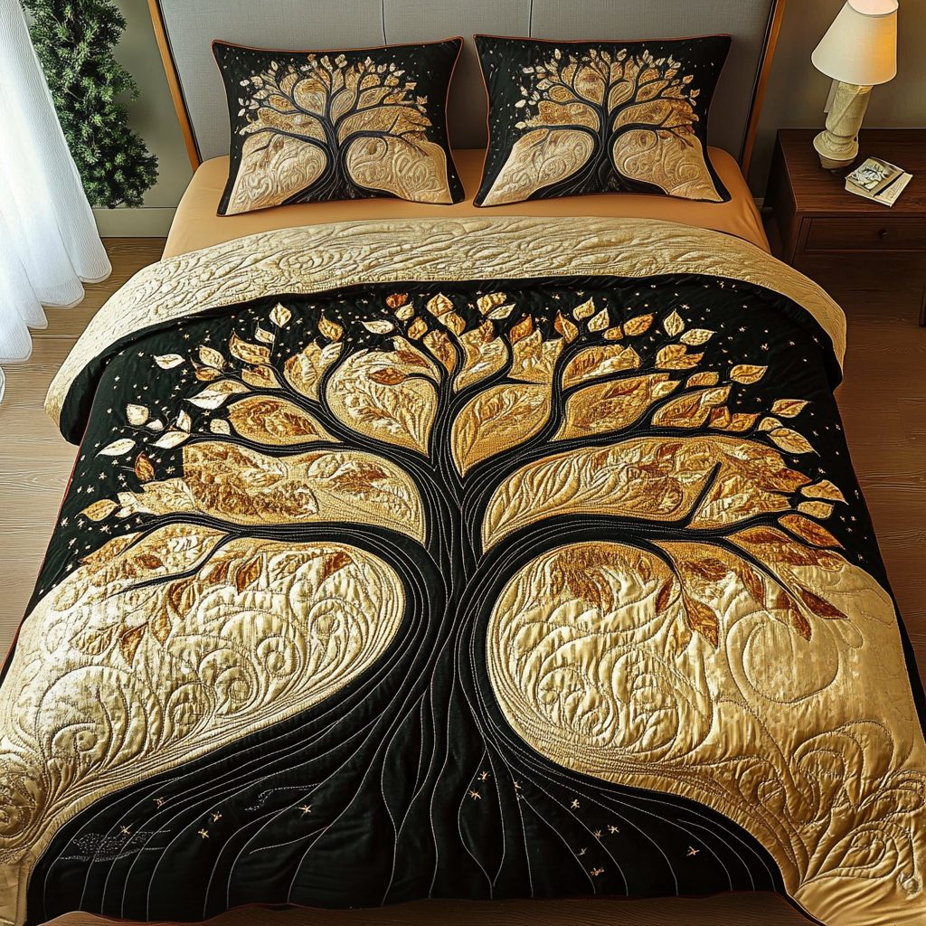 Golden Roots quilted 3-piece bedding set on a made bed with two matching pillow shams
