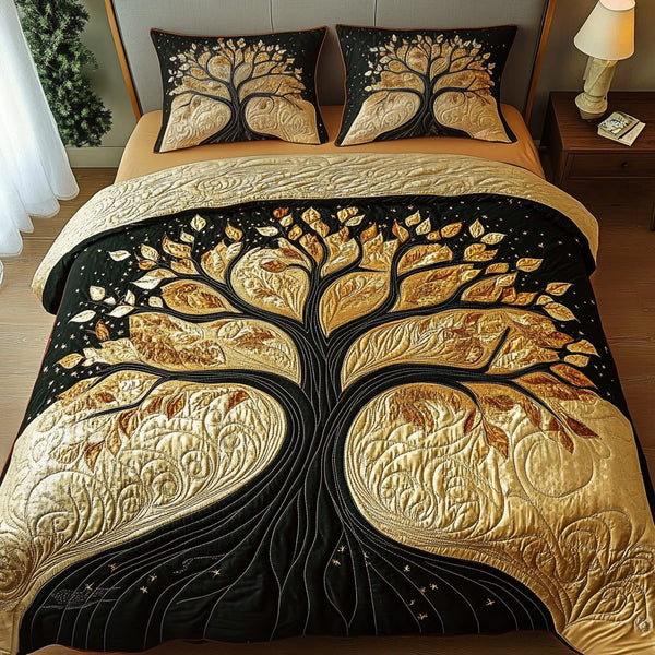 Golden Roots quilted 3-piece bedding set on a made bed with two matching pillow shams