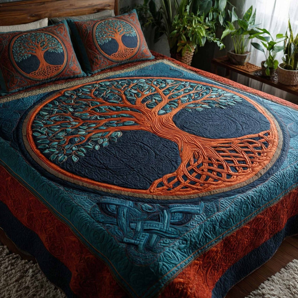 Golden Roots quilted 3-piece bedding set on a made bed with two matching pillow shams