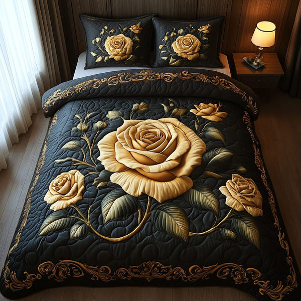 Golden Roses Glow quilted 3-piece bedding set on a made bed with two matching pillow shams