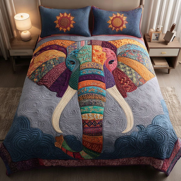 Golden Safari quilted 3-piece bedding set on a made bed with two matching pillow shams