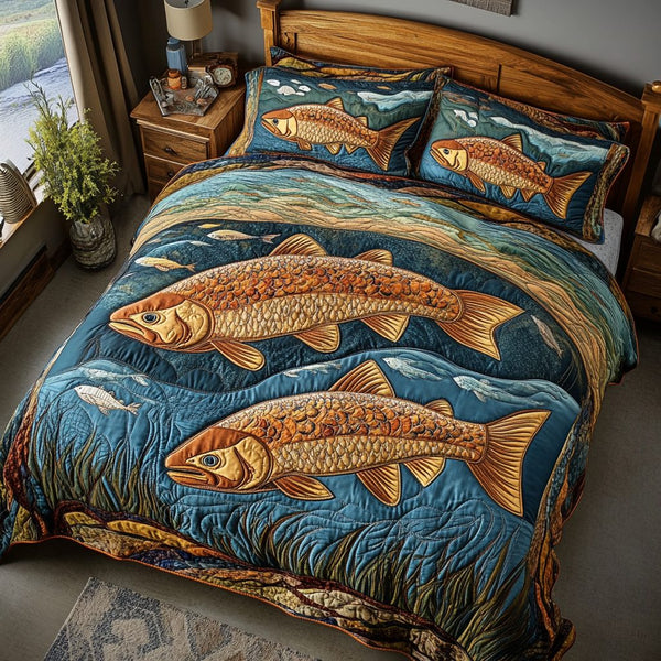Golden Salmon quilted 3-piece bedding set on a made bed with two matching pillow shams
