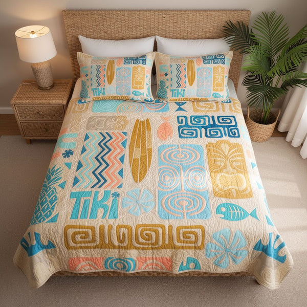 Golden Sand Retreat quilted 3-piece bedding set on a made bed with two matching pillow shams