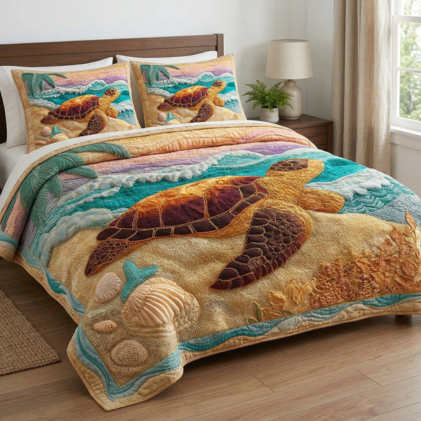 Golden Sands quilted 3-piece bedding set on a made bed with two matching pillow shams